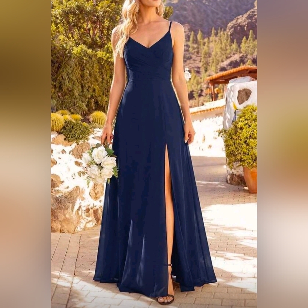 New Flowy Chiffon Wrap Top Cami Maxi Dress Split Leg Navy Blue